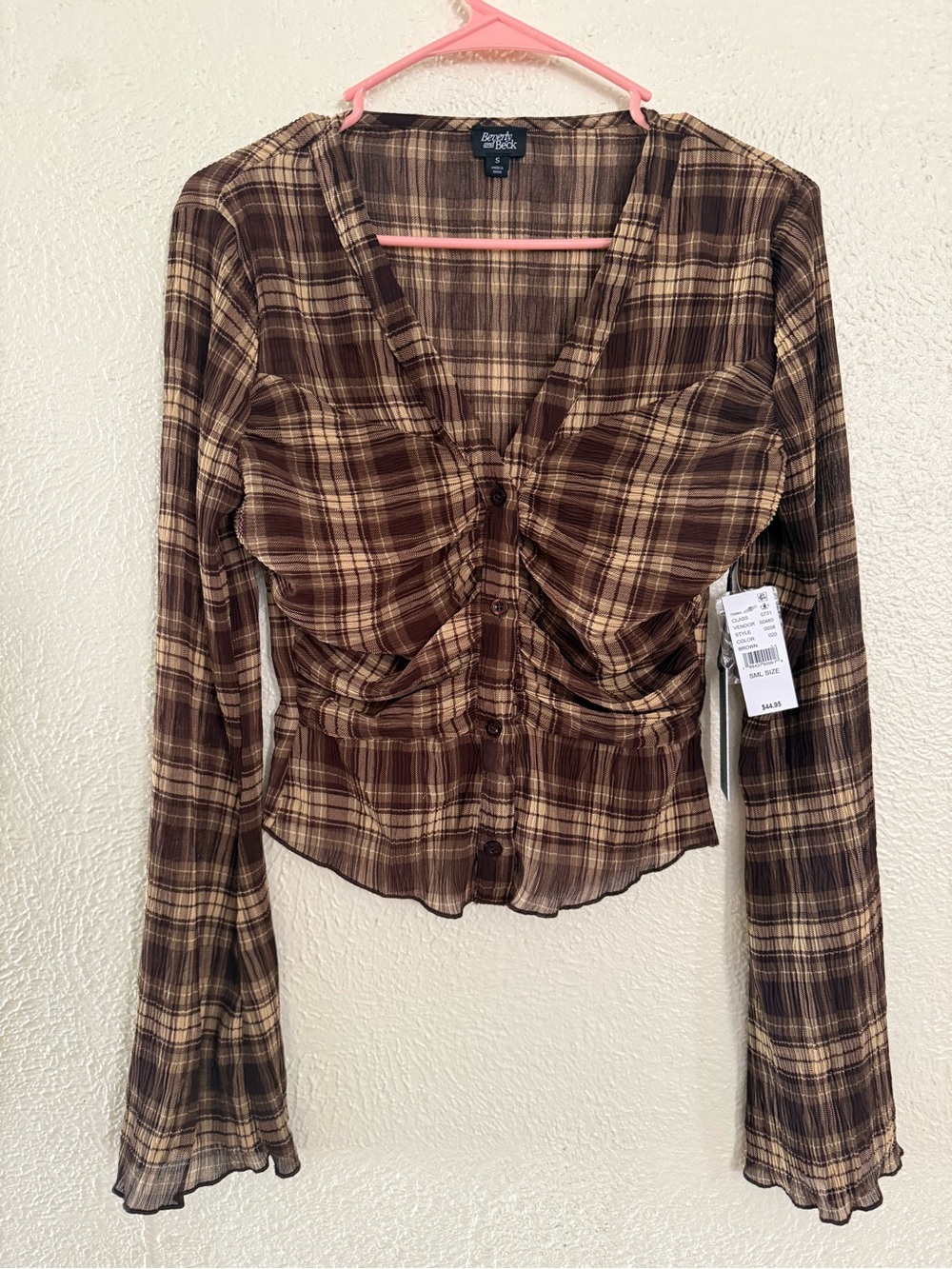 Beverly and Beck Brown Plaid Ruched Button-Down Shirt